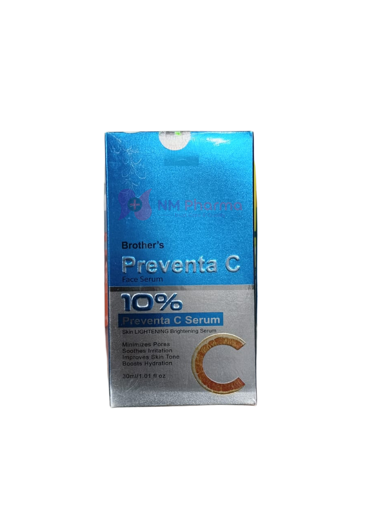 Preventa C Face Serum is a potent antioxidant skincare product. It brightens skin tone, fades hyperpigmentation, stimulates collagen production, and defends against free-radical damage from sun and pollution. It is best applied in the morning to dry skin before moisturizer and sunscreen.